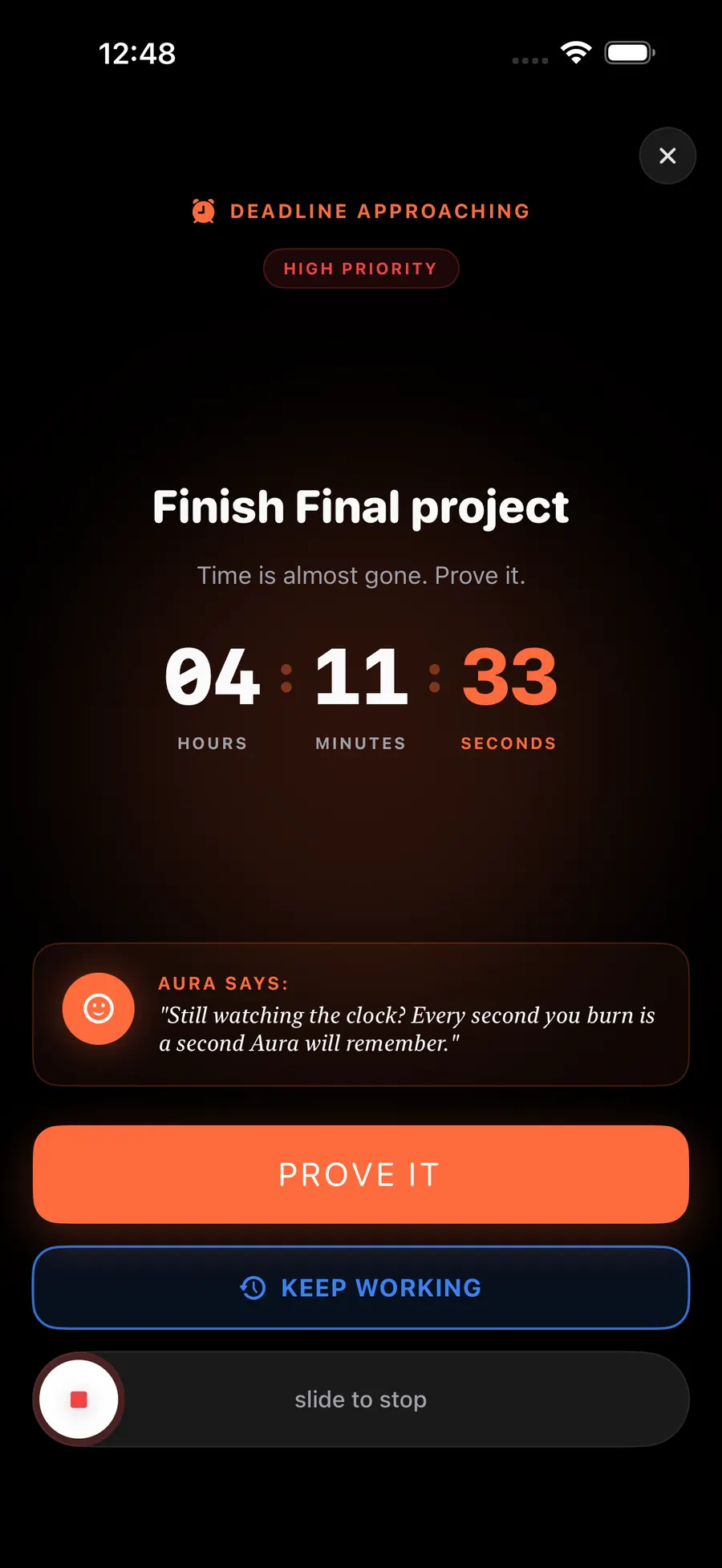 Deadline approaching alarm screen